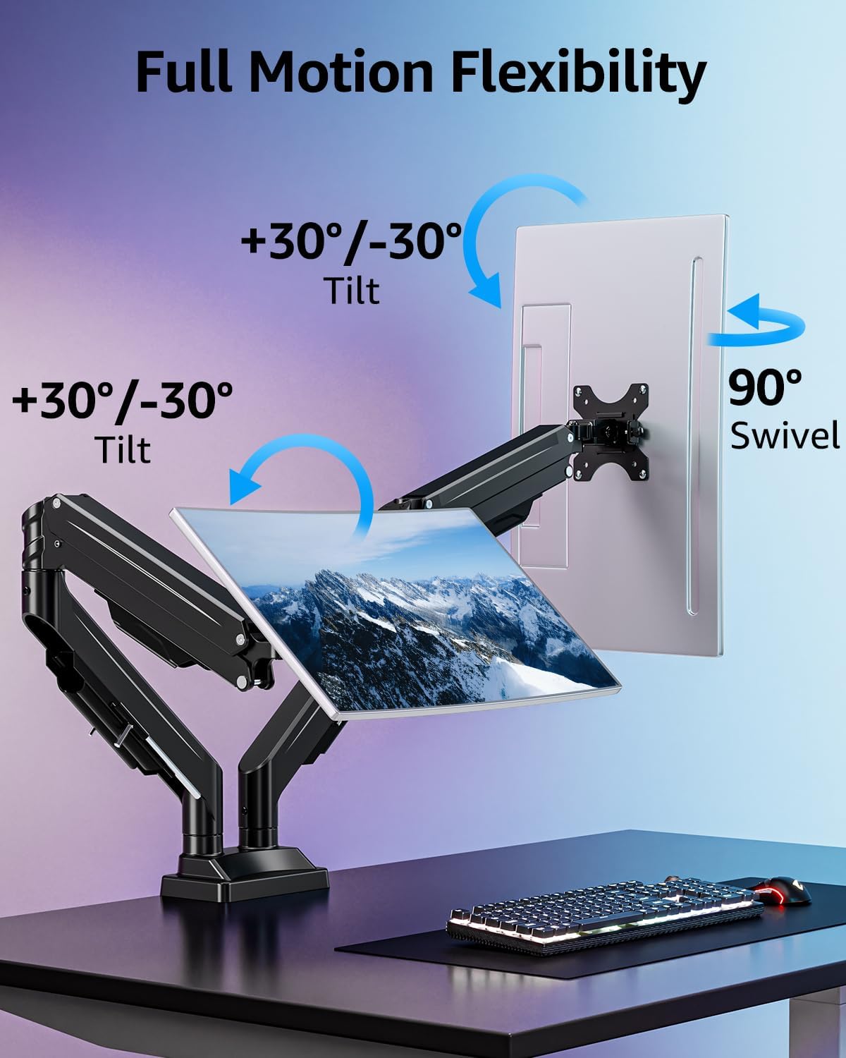 Dual Monitor Stand for Max 43 inch Screens, Ultrawide Monitor Arm Height Adjustable, Heavy Duty Dual Monitor Mount