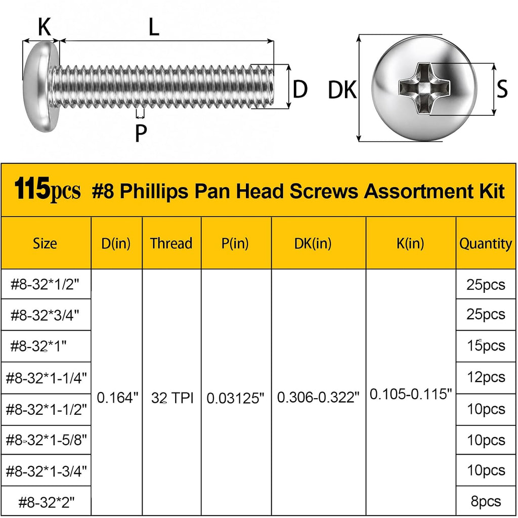 115PCS #8-32 Phillips Pan Head Machine Screws Bolts Assortment Kit