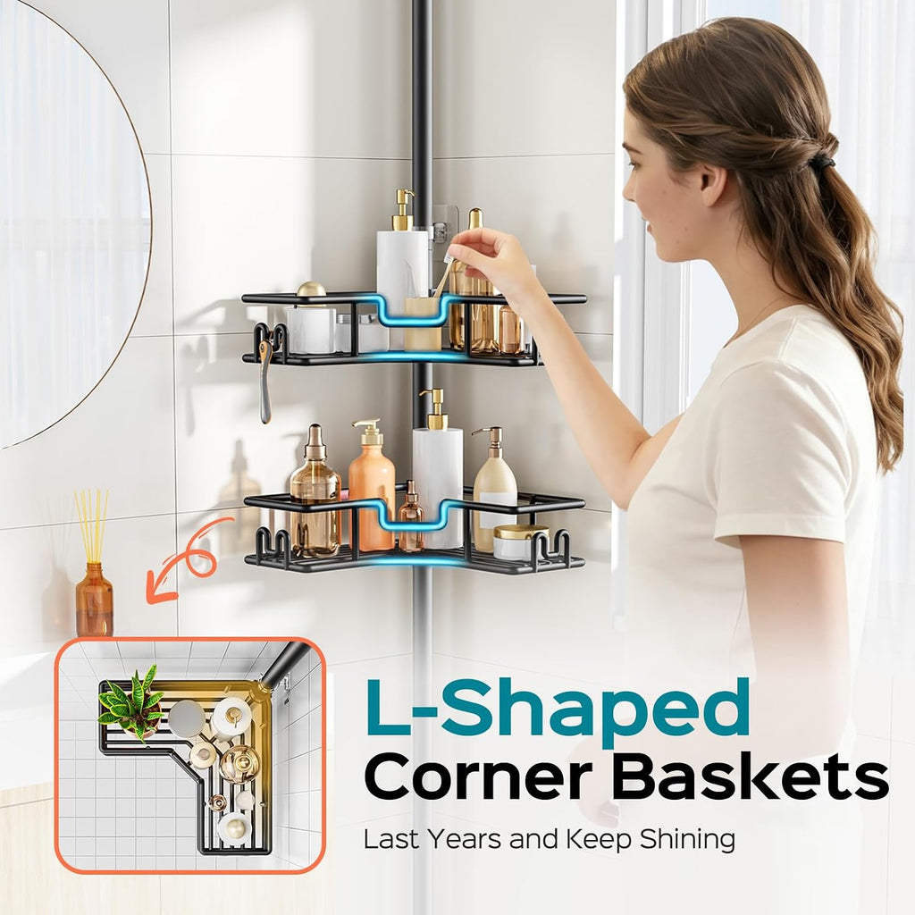 Shower Caddy Tension Pole: 4-Tier Adjustable Corner Organizer Black | Heavy Duty Rustproof L-Shaped Shelves- No
