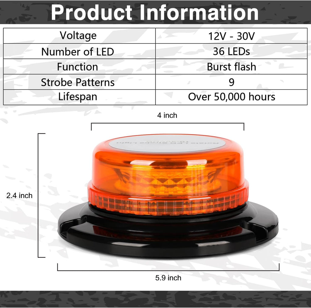 2 Pcs Beacon Lights LED Strobe Light Warning Safety Flashing Lights | 12V-24V Amber 36 LED with Magnetic and 16 ft