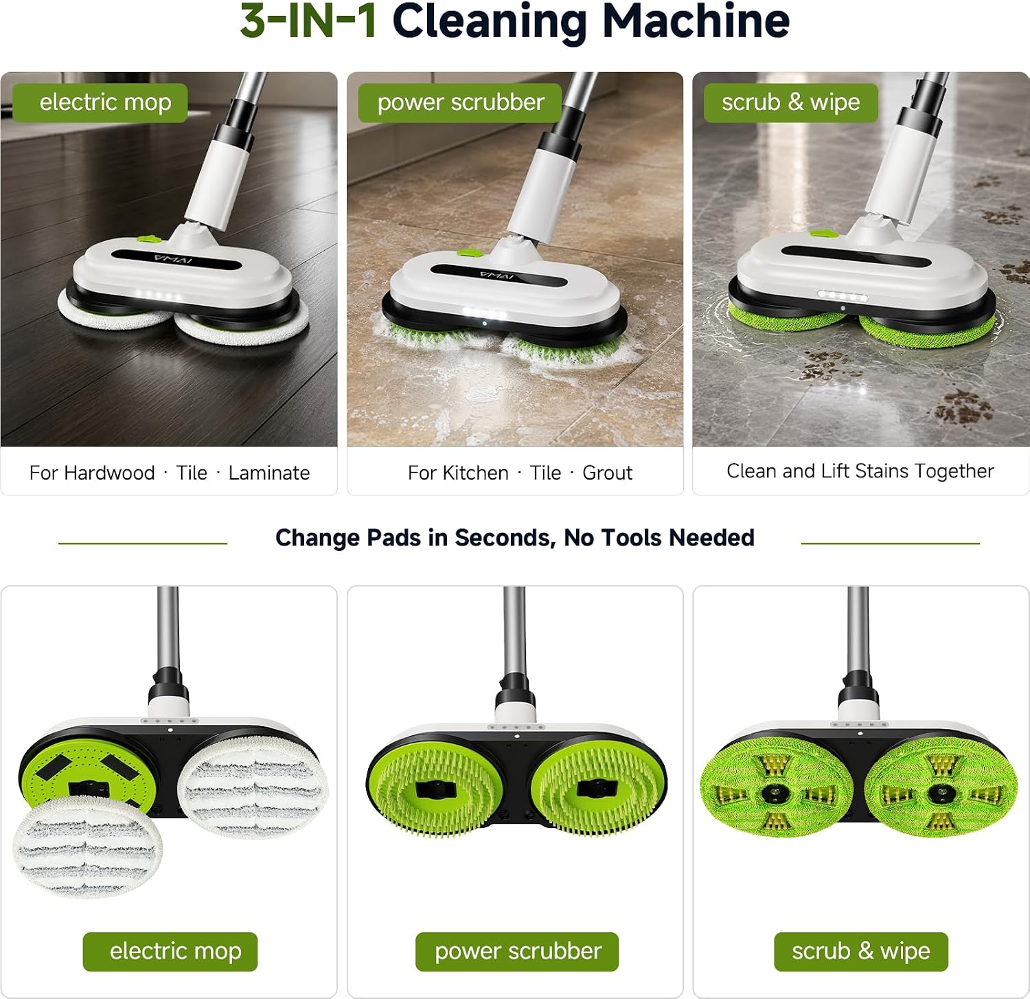 Cordless Electric Floor Scrubber & Mop with Cleaning Solution | Detachable Battery, Floor Scrubber Machine with Spray