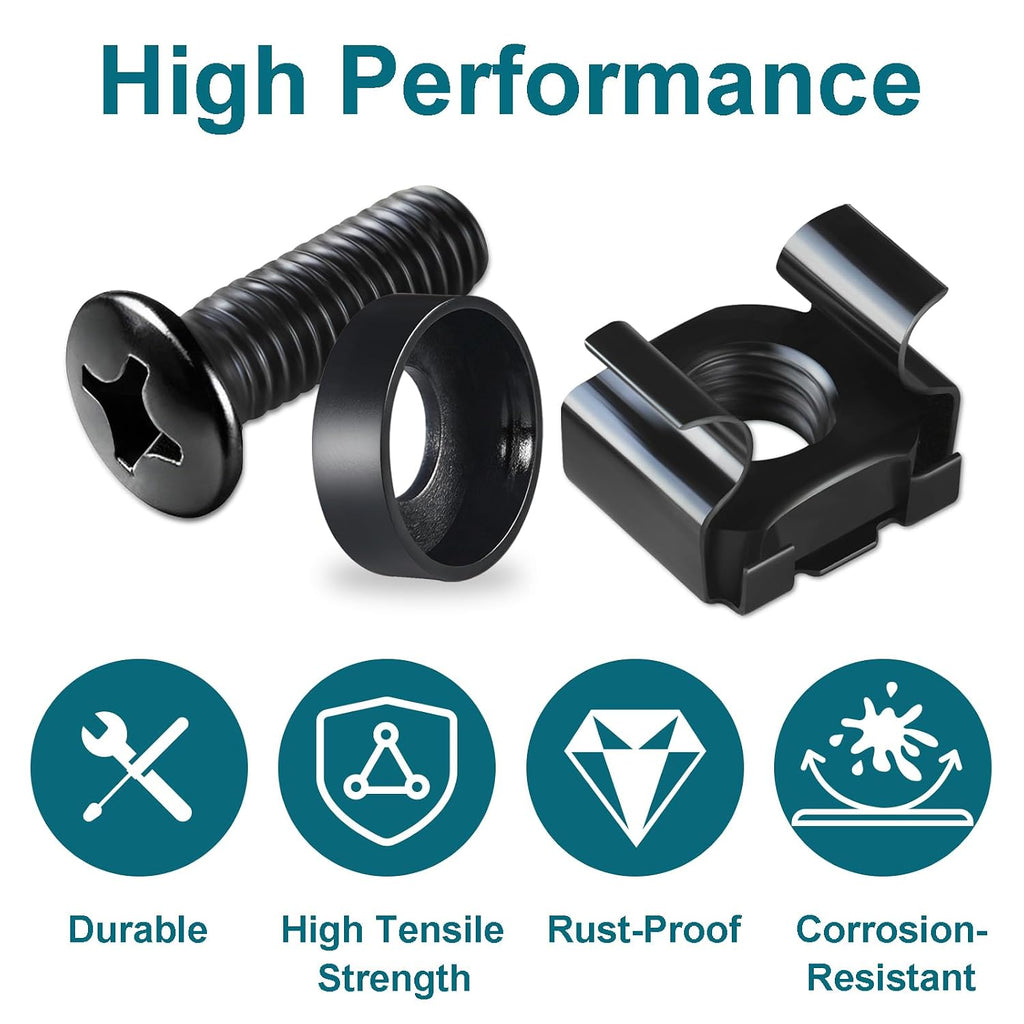 M6 Cage Nuts and Rack Screws Kit, 50-Pack, Rack Mount Cage Nuts