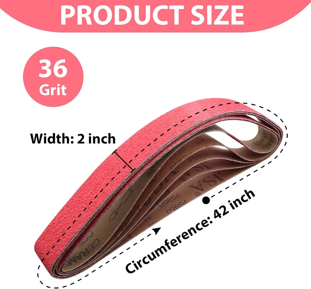 2 x 42 Inch Ceramic Grinding Belts, 36 Grit,5 Pack