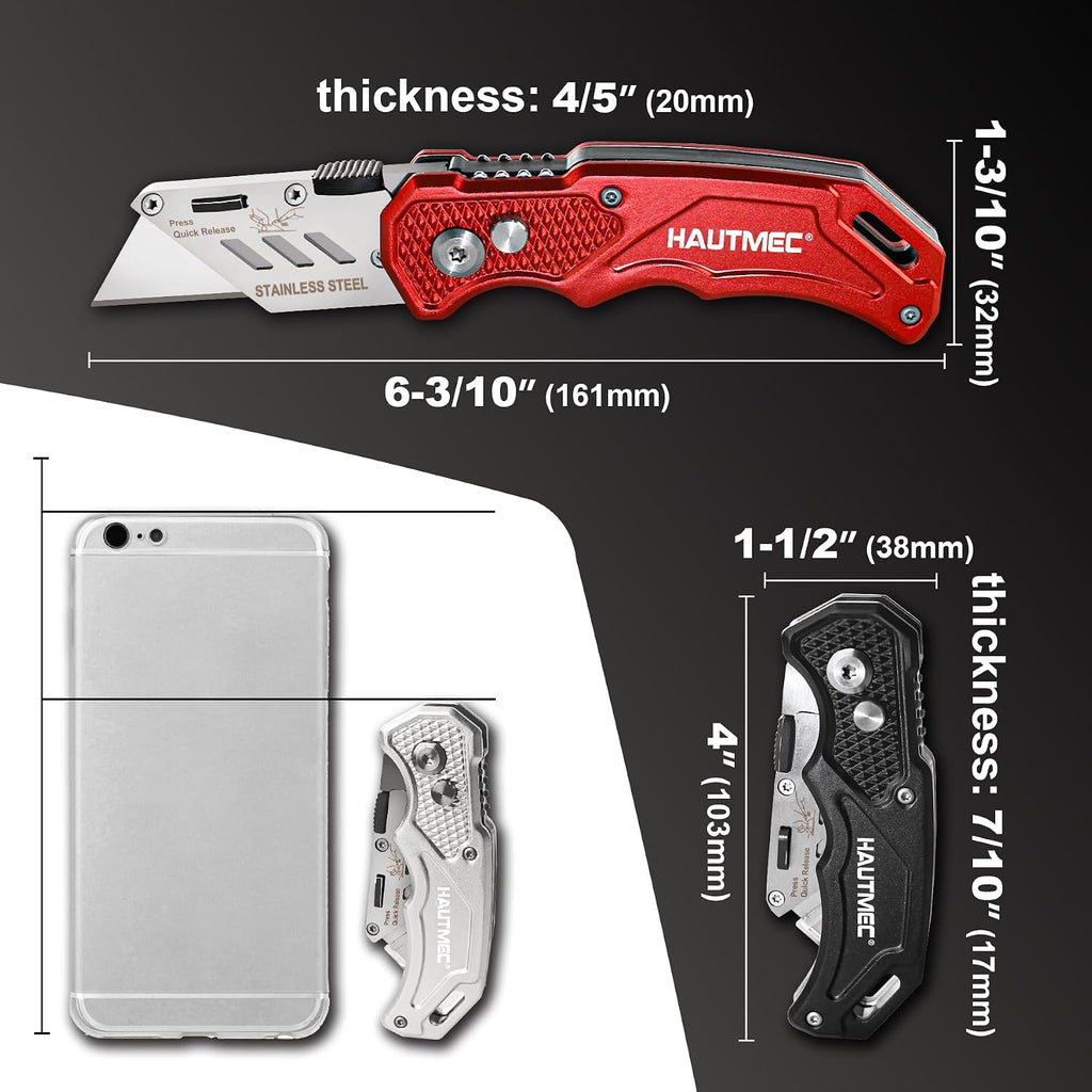 3-Pack Folding Utility Knife, Heavy-Duty Aluminum Box Cutter with Quick-Change Blades & Lock-Back Safety Design