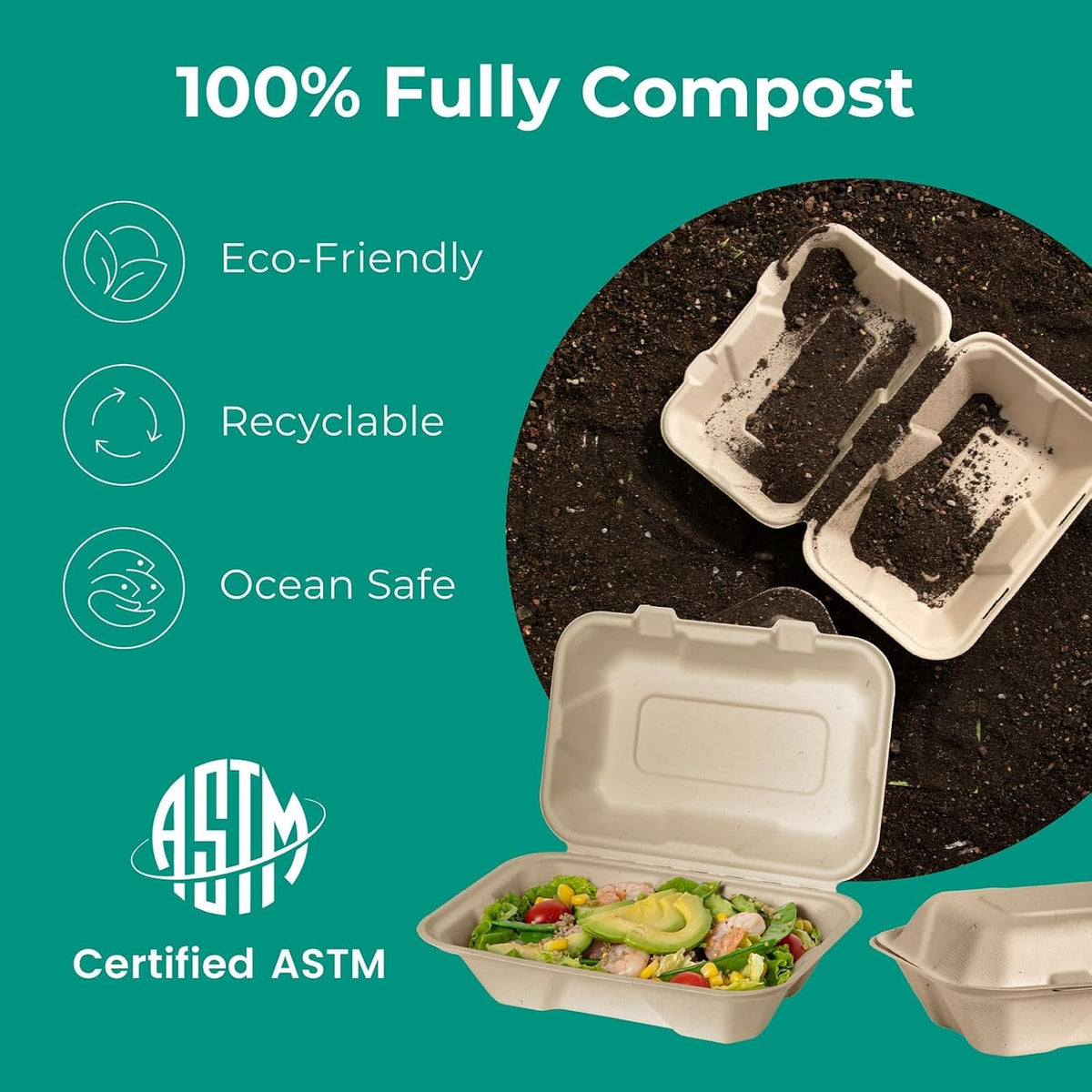 100 Pack 9x6 Compostable To Go Food Containers, Disposable To Go Boxes for Food, Lunch Boxes, Clamshell Take Out