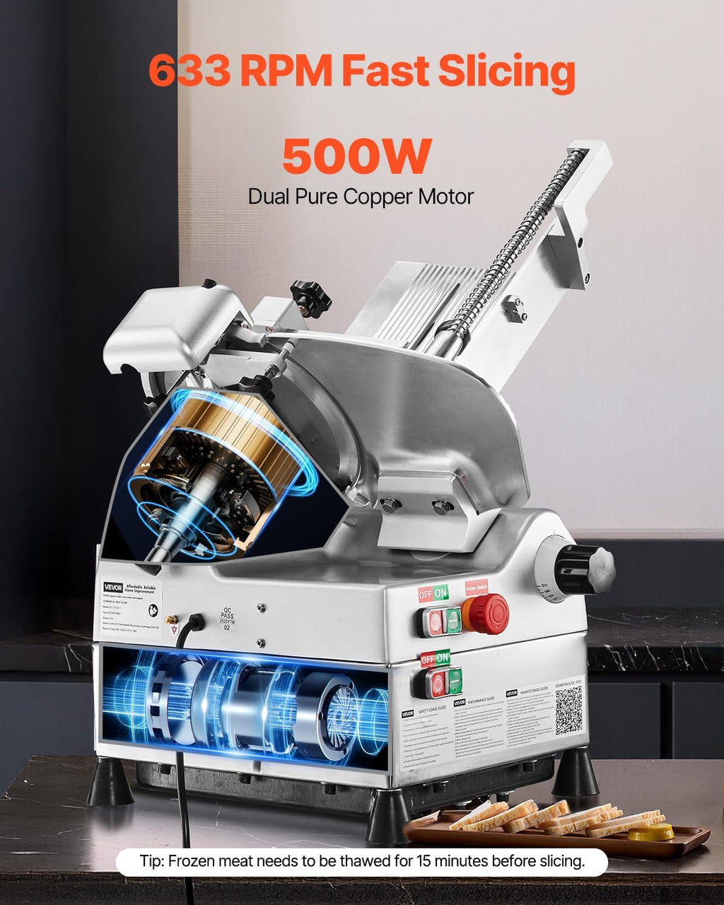 Automatic Meat Slicer, 500W Electric Deli Slicer Machine with 10 inch Sharp 75Cr1 Steel Blade, 0-0.67 inch Adjustable