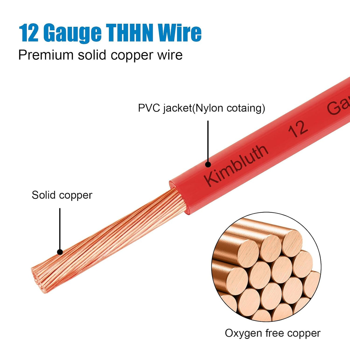 THHN Wire 12 Gauge 50 FT Stranded Copper Wire, Red | 12 AWG Copper Wire Rated up to 600V Building Wire Nylon Jacket