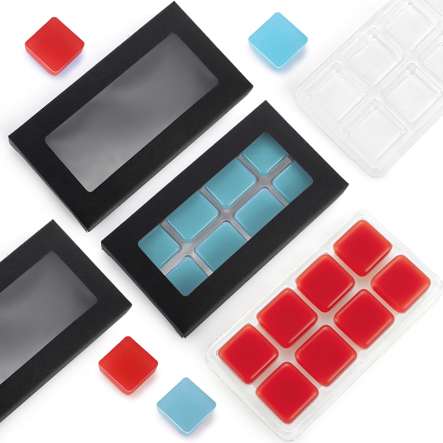 100 Pack Wax Melt Containers, Black Kraft Paper Gift Boxes with Window and 8 Cavity Plastic Molds for Wax Melt