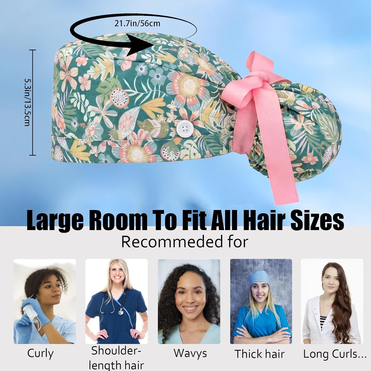 2 Pcs Ponytail Scrub Caps Women Long Hair Nurse Scrub Hats with Scrunchies Ribbon Lace-Up Scrub Cap for Women