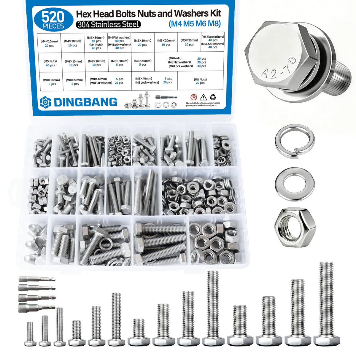 520pcs M4 M5 M6 M8 Hex Bolts and Nuts Assortment Kit, 4 Most Popular Sizes 304 Stainless Steel Assorted Metric Screws, Nuts and Flat & Lock Washers,Length 10-40mm with 4 Screw Driver bits