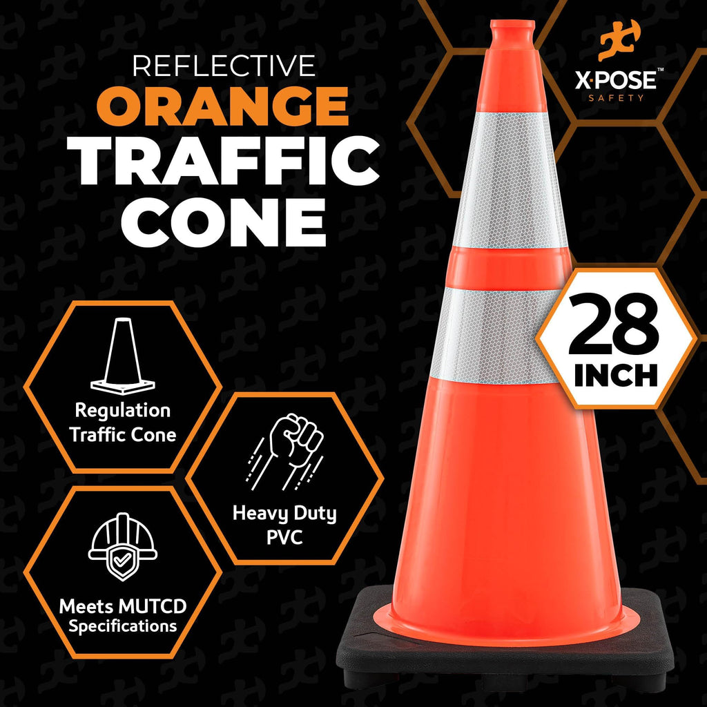 28 Inch Orange Traffic Cones with 6" & 4" Collars, 8-Pack