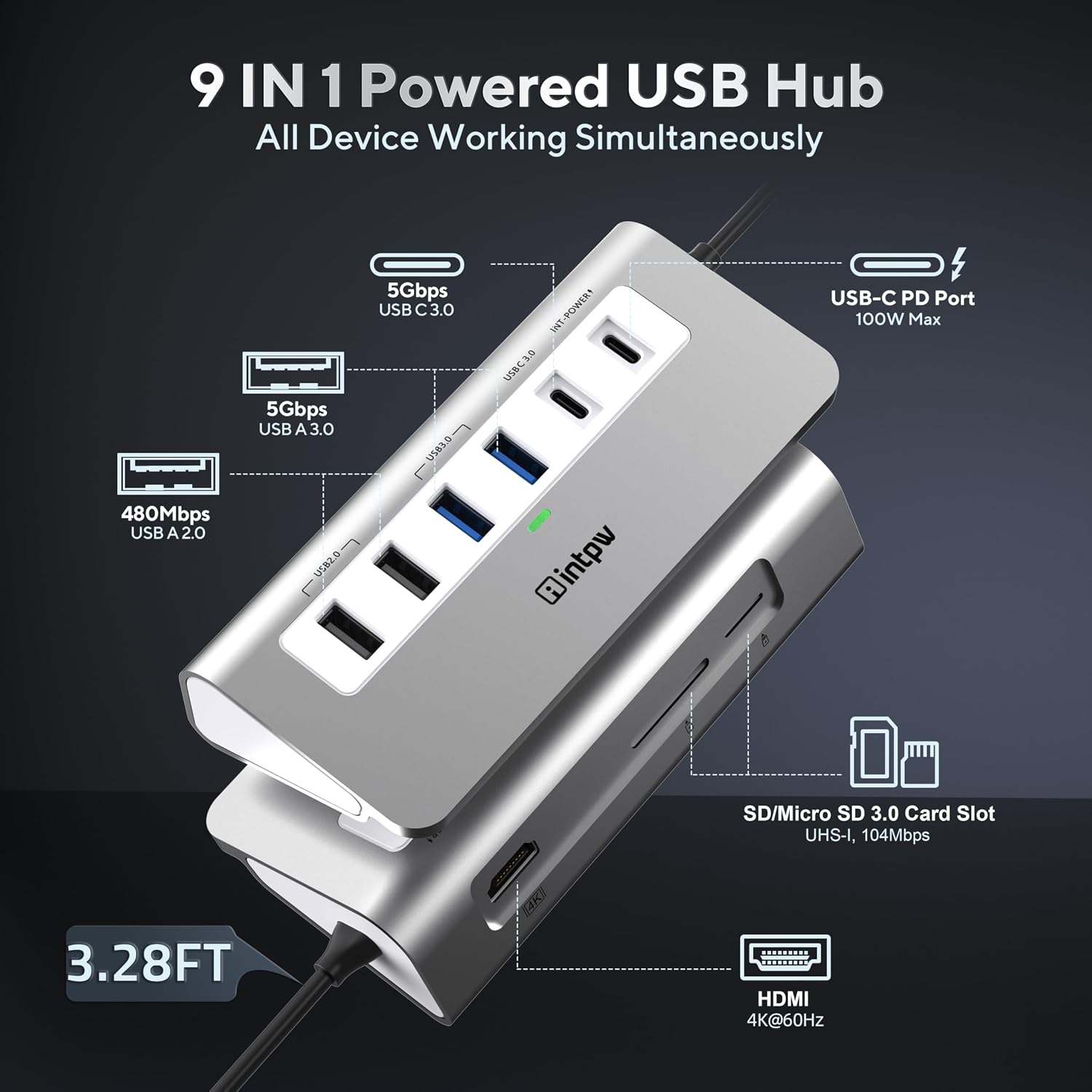USB C Hub, P9 USB C Hub Multiport Adapter with 4K HDMI, PD 100W, Type-C & 2 USB A 3.0 5Gbps, 2 USB A 2.0, SD/TF Card
