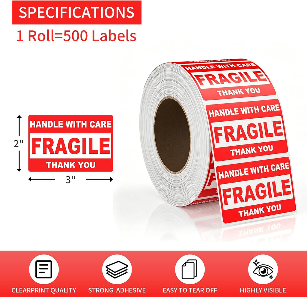 4 Rolls Fragile Stickers 2" x 3", 2000 Pcs Handle with Care Labels