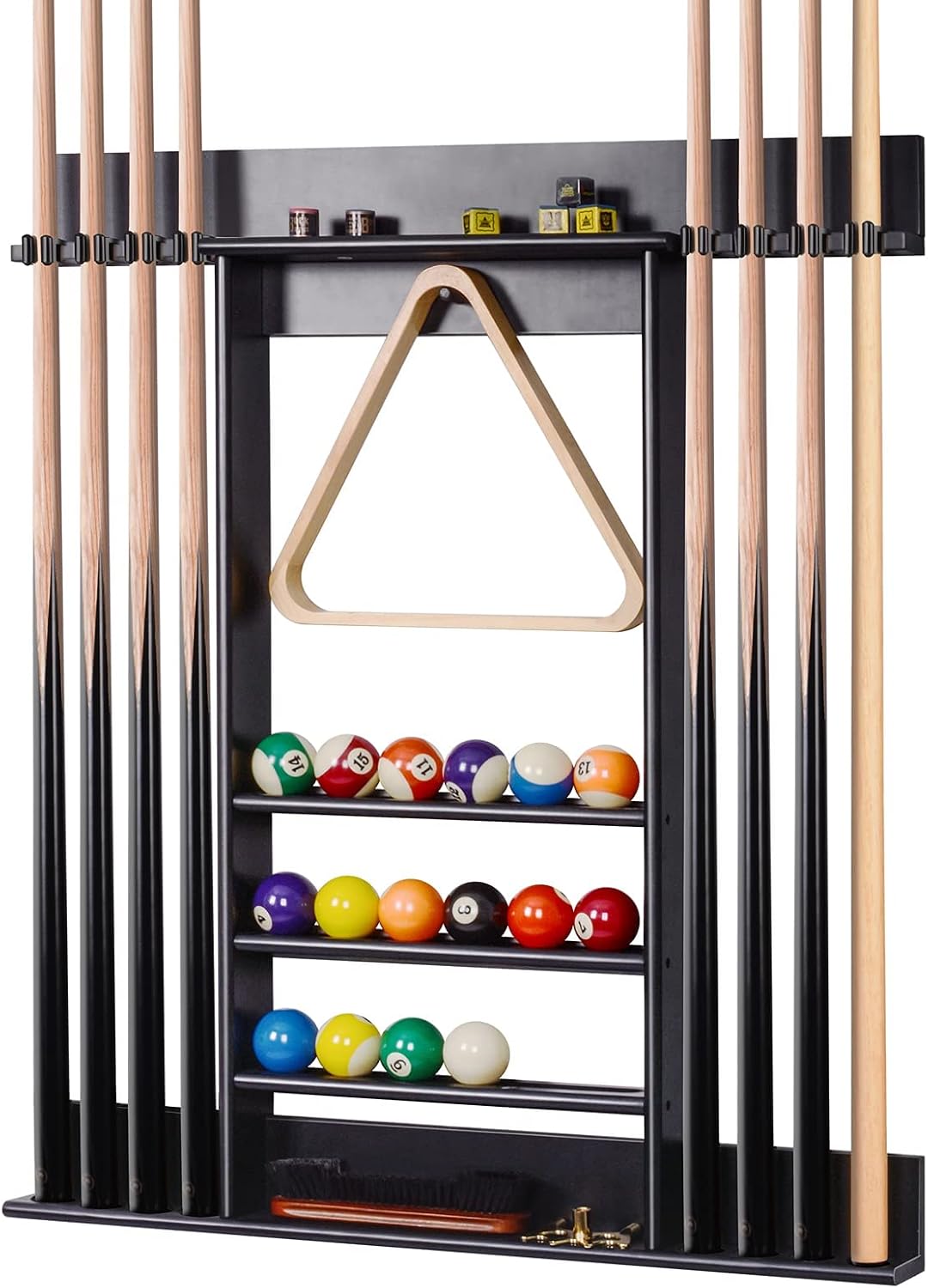 Pool Cue Rack Wall Mount For 8 Cues, Balls & Billiard Accessories Storage | 100% Solid Pine Wood Pool Stick Holder