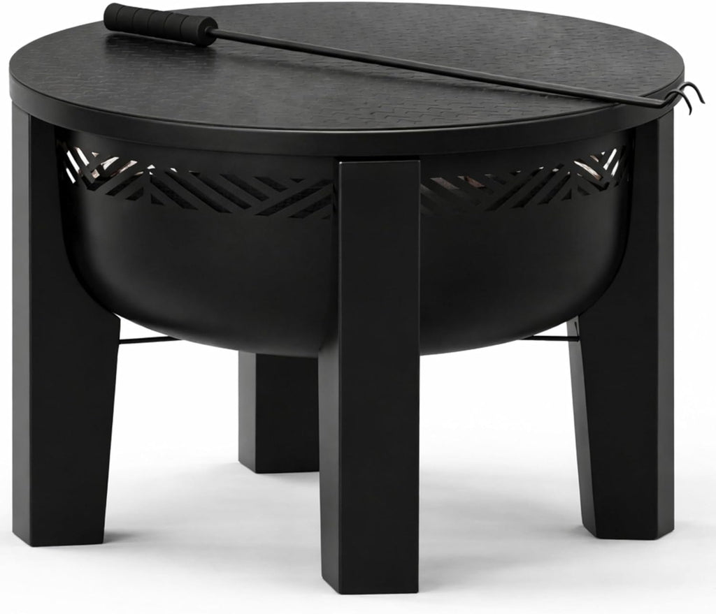 Fire Chief Wood Burning Fire Pit with Tabletop Lid, 26 Inch Outdoor Fire Pit Table for Patio, Deck and Backyard
