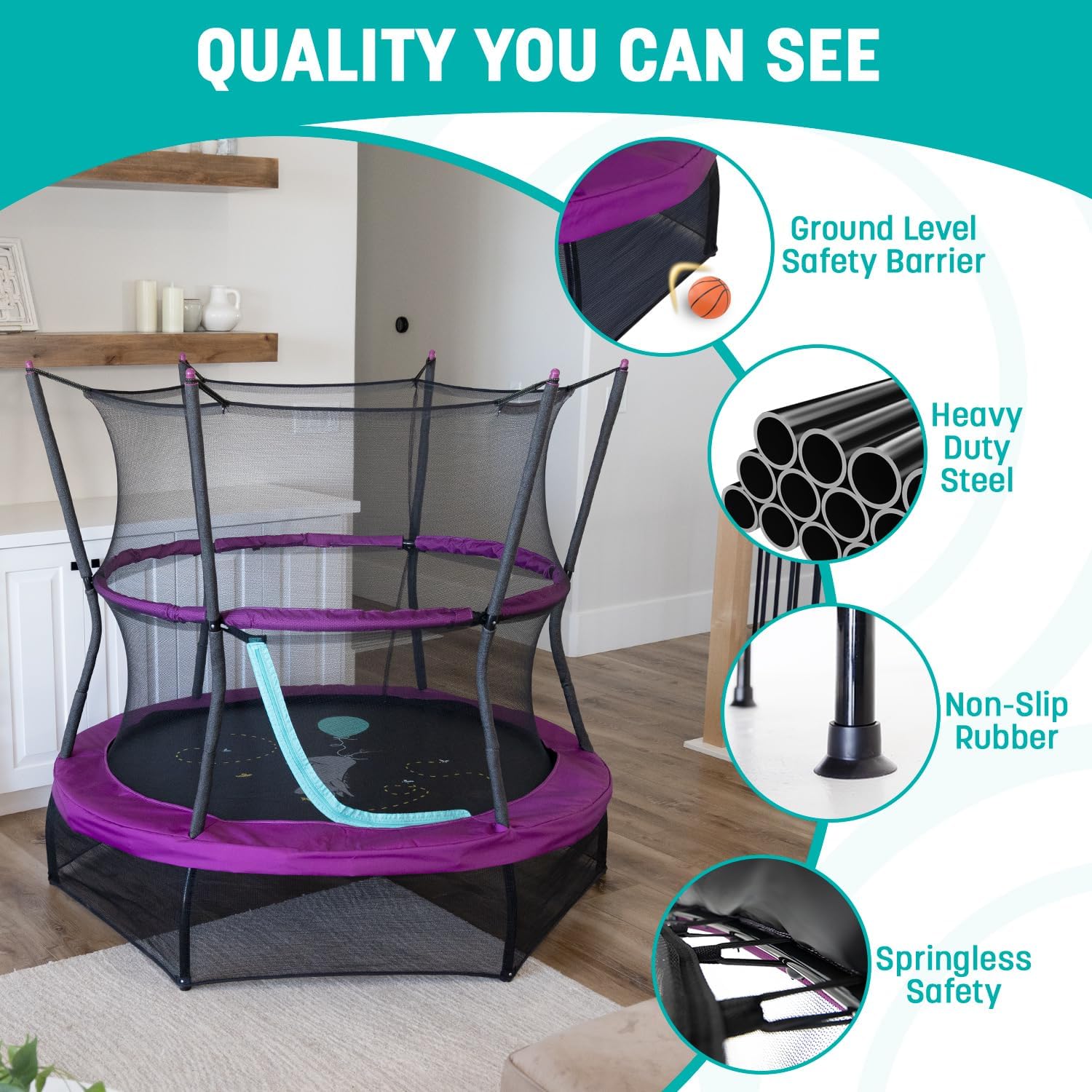 60" No-Spring Design Mini Trampoline for Kids and Toddlers with Enclosure Net
