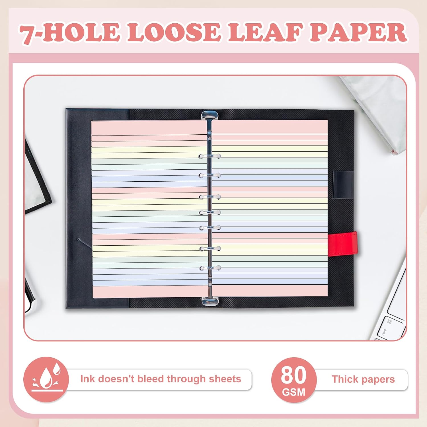 Colored Loose Leaf Paper 5.5" x 8.5" 7-Hole Lined Filler Paper College Ruled Notebook Refill Pad Pastel Colored Lined
