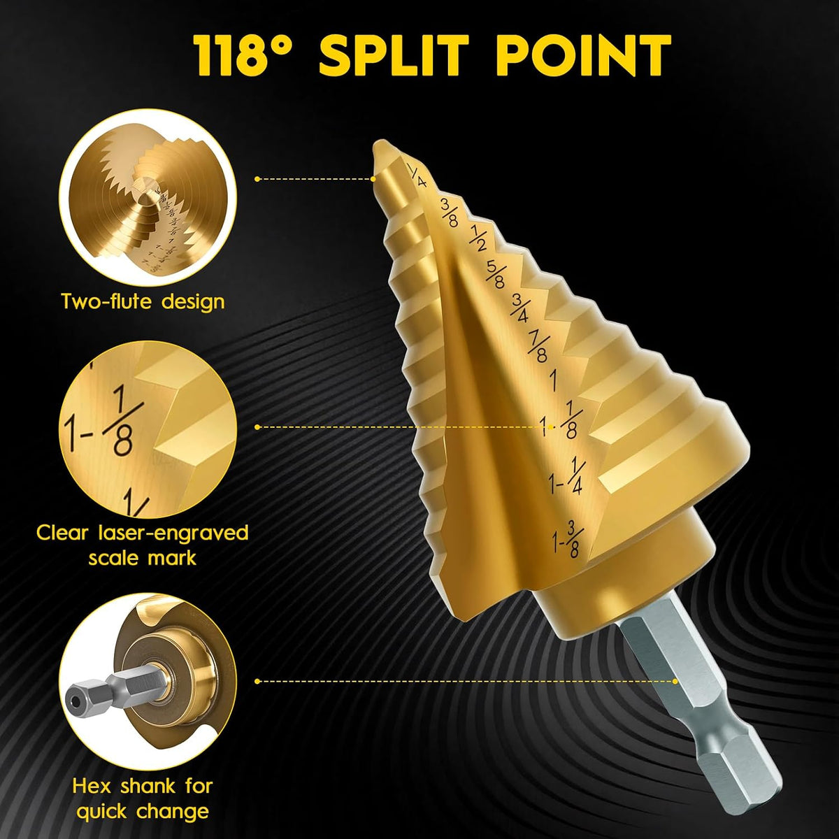 Titanium Step Drill Bit - 4241 HSS Step Bit with Two Spiral Grooved