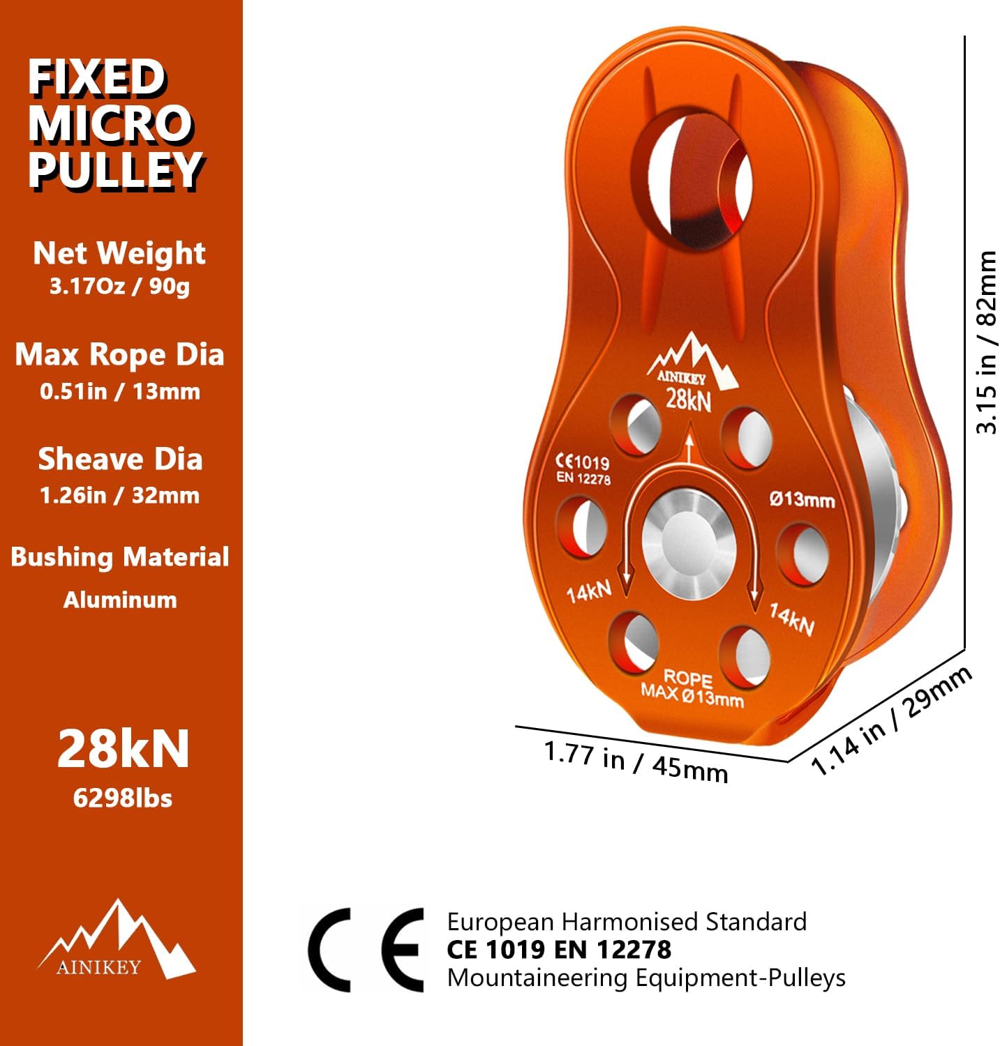 Fixed Plate Micro Pulley, 28KN CE Certified General Purpose Small Aluminum Rope Pulleys Slack Tender for