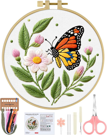 Embroidery Kit for Beginners Adult, Flower Cross Stitch Set Include Embroidery Cloth Hoops Threads for Craft Lover