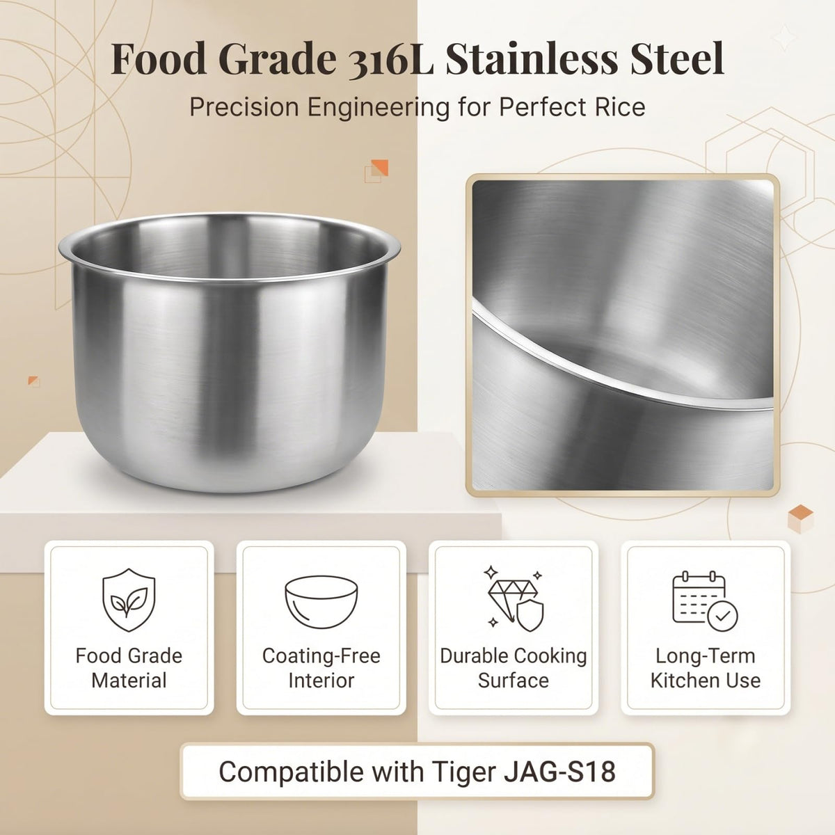 Rice Cooker Inner Pot 10 Cup Rice Maker Compatible with Tiger JAG-S18