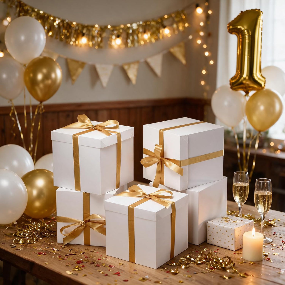 10 Pack White Gift Boxes with Lids and Gold Ribbons, 8.8 Inch
