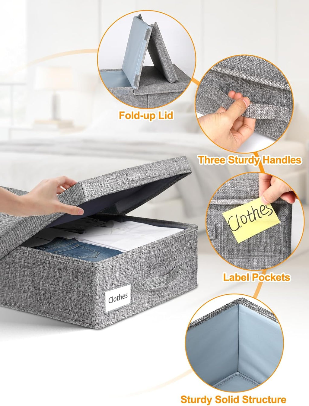 Under Bed Storage With Lids, 2 Pack Large Underbed Storage Containers Clothes W/ 3 Handles, Foldable Low Profile