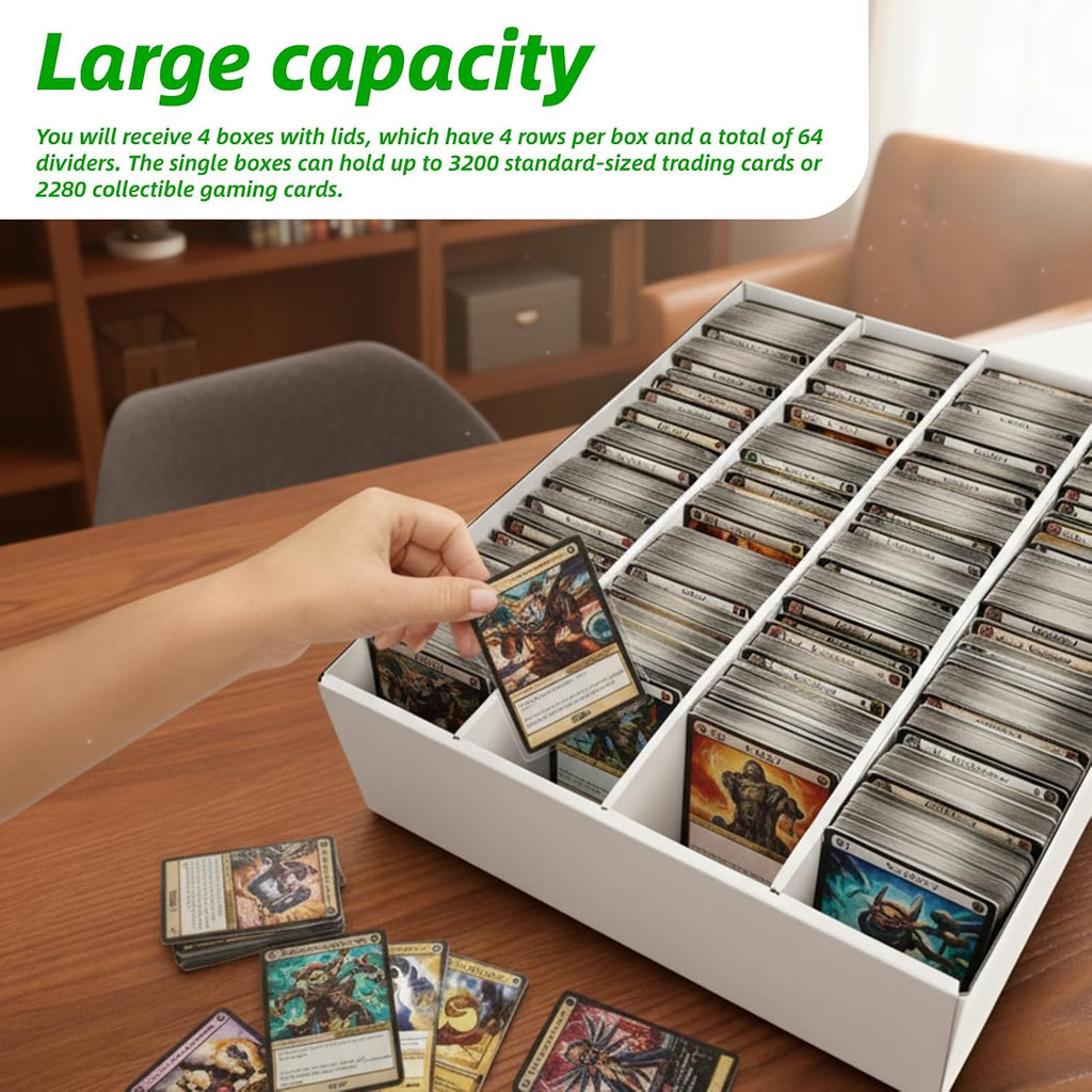 3200-Count Trading Cardboard Card Storage Boxes 4 Pack, 4 Row White Card Box with 64 Dividers, MTG, TCG Card Organizer
