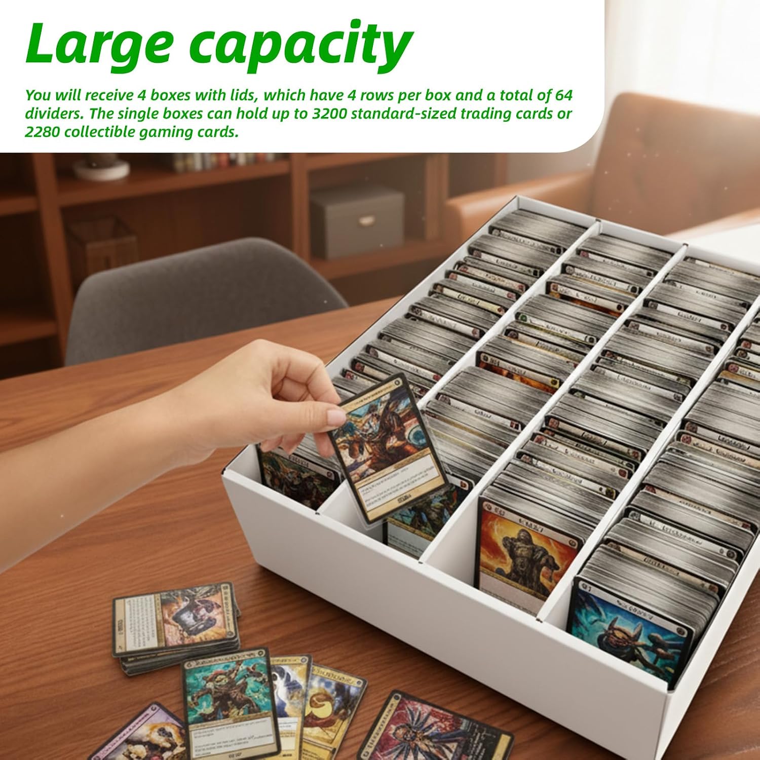 3200-Count Trading Cardboard Card Storage Boxes 4 Pack, 4 Row White Card Box with 64 Dividers, MTG, TCG Card Organizer