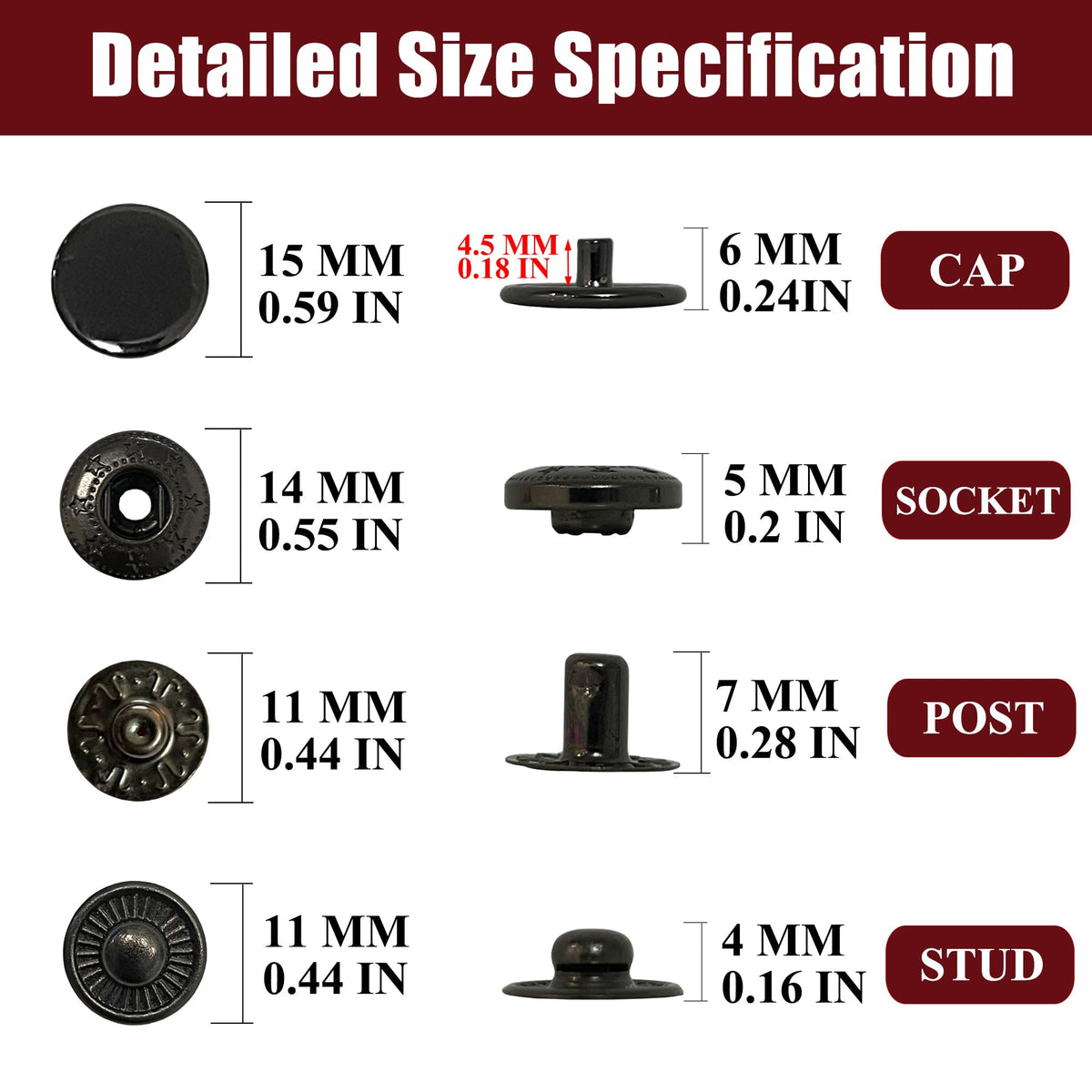 15mm Metal Snap Button Fasteners Kit with Tools (Black)