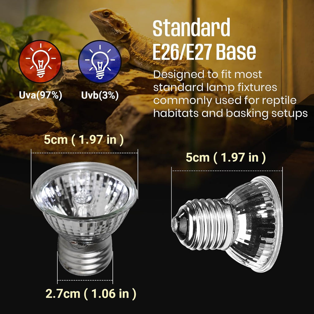 4-Pack 50W UVA+UVB Bulbs | Heat and Light for Reptiles and Amphibian Tanks, Terrariums and Cages | Works with Various