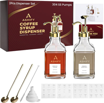 16.9 oz (500ml) Coffee Syrup Dispenser Set - Gold 304 SS Pump - Pack of 2