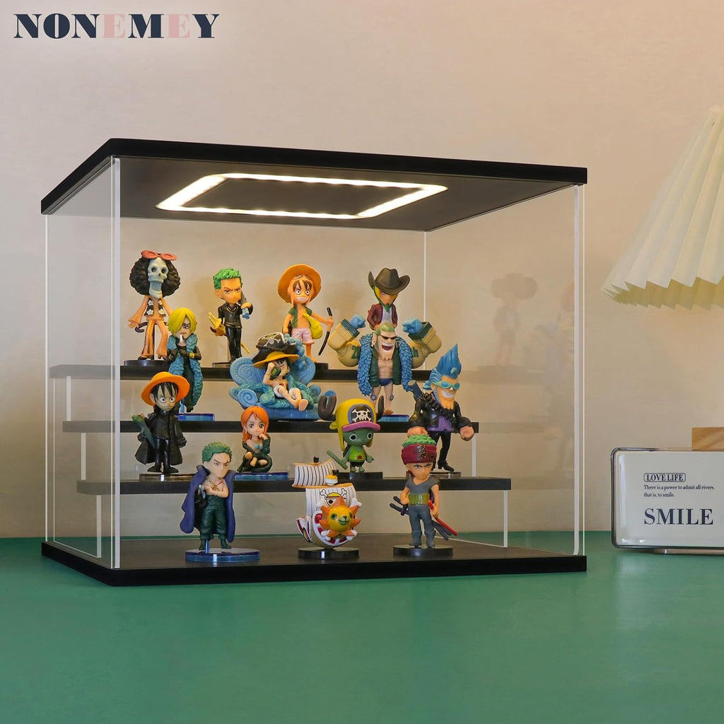 Acrylic Display Case with Light, Upgraded 3 Color Light & Adjustable Brightness Showcase ,4 Tier Dustproof Clear Toy