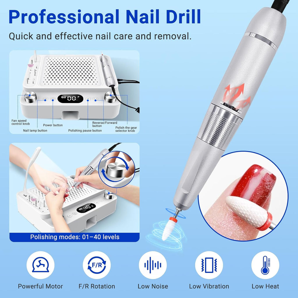 4-in-1 Nail Dust Collector,Electric Nail Drill,UV LED Lamp & Fill Light | Professional 40000 RPM Electric Nail