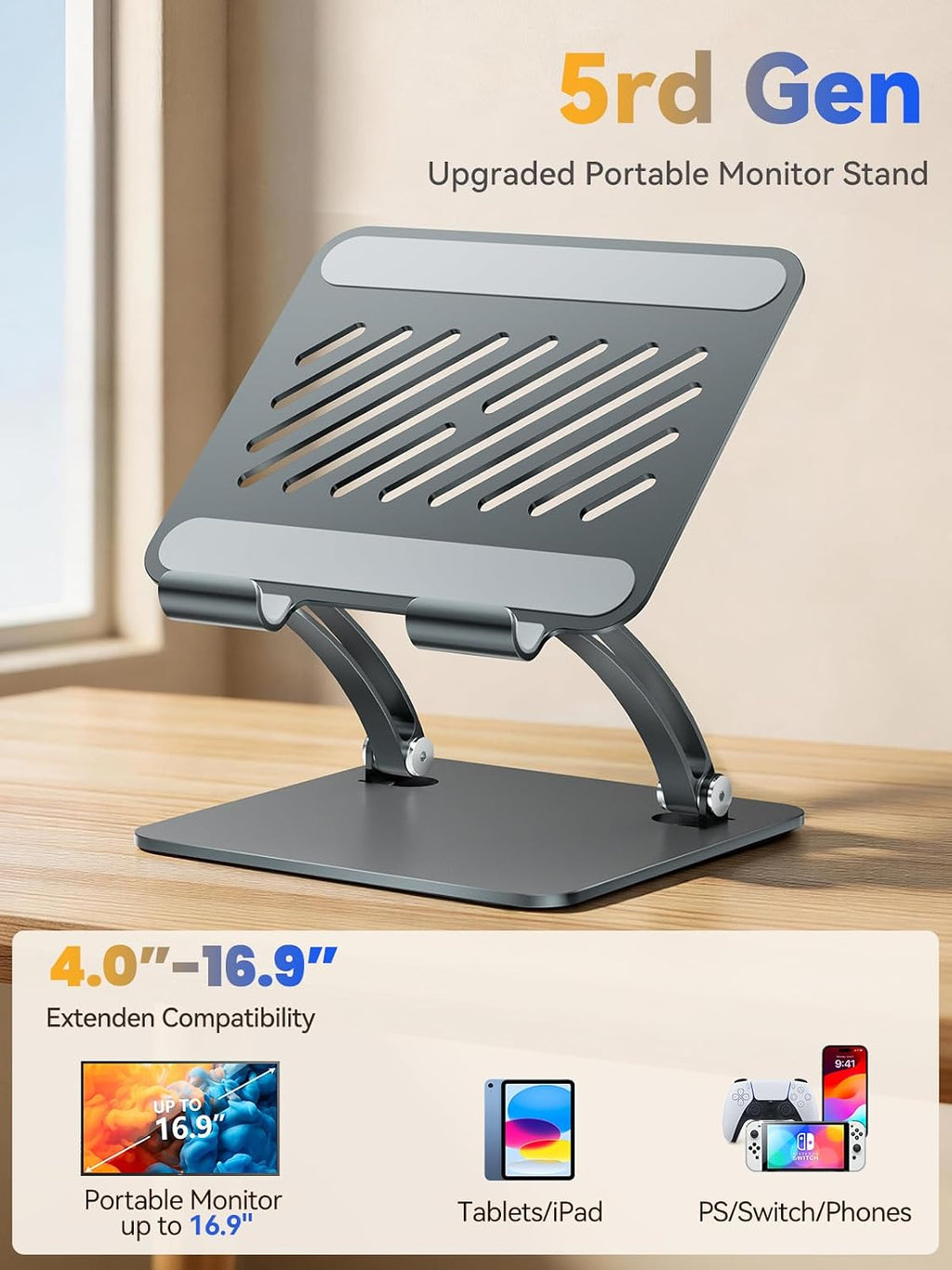 Tablet Holder Stand, Dual Rod Adjustable Aluminum Desktop Stand, Compatible with 4.7-16.9" iPads, Surface Tablets