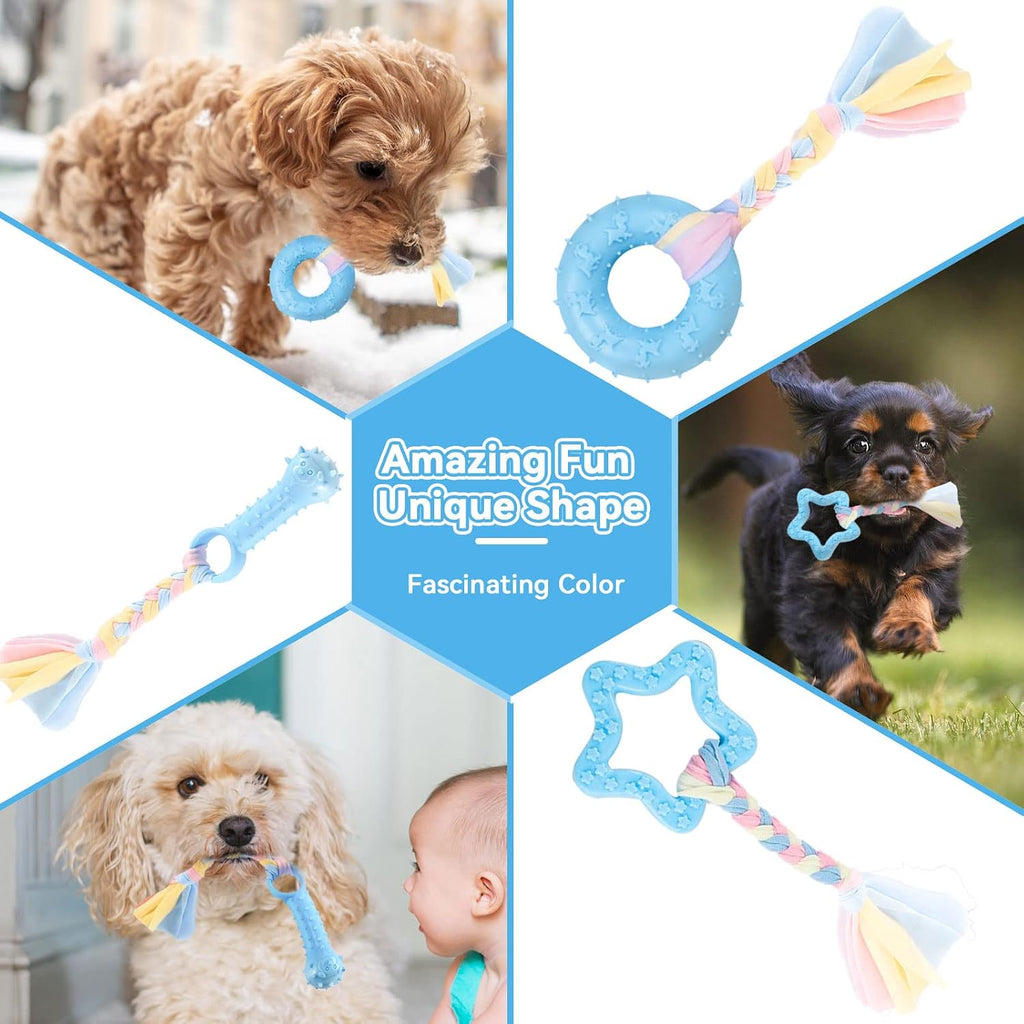 6 Pack Puppy Chew Toys - Blue, Soft Rubber Rope & Bone Ball Teething Toys for Small Dogs & Puppies, Including Yorkie