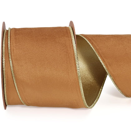 Gold Velvet Ribbon Wired 4 Inch x 10 Yards, Copper and Gold for Christmas Tree, Gift Wrapping, Wreath Bow, Outdoor