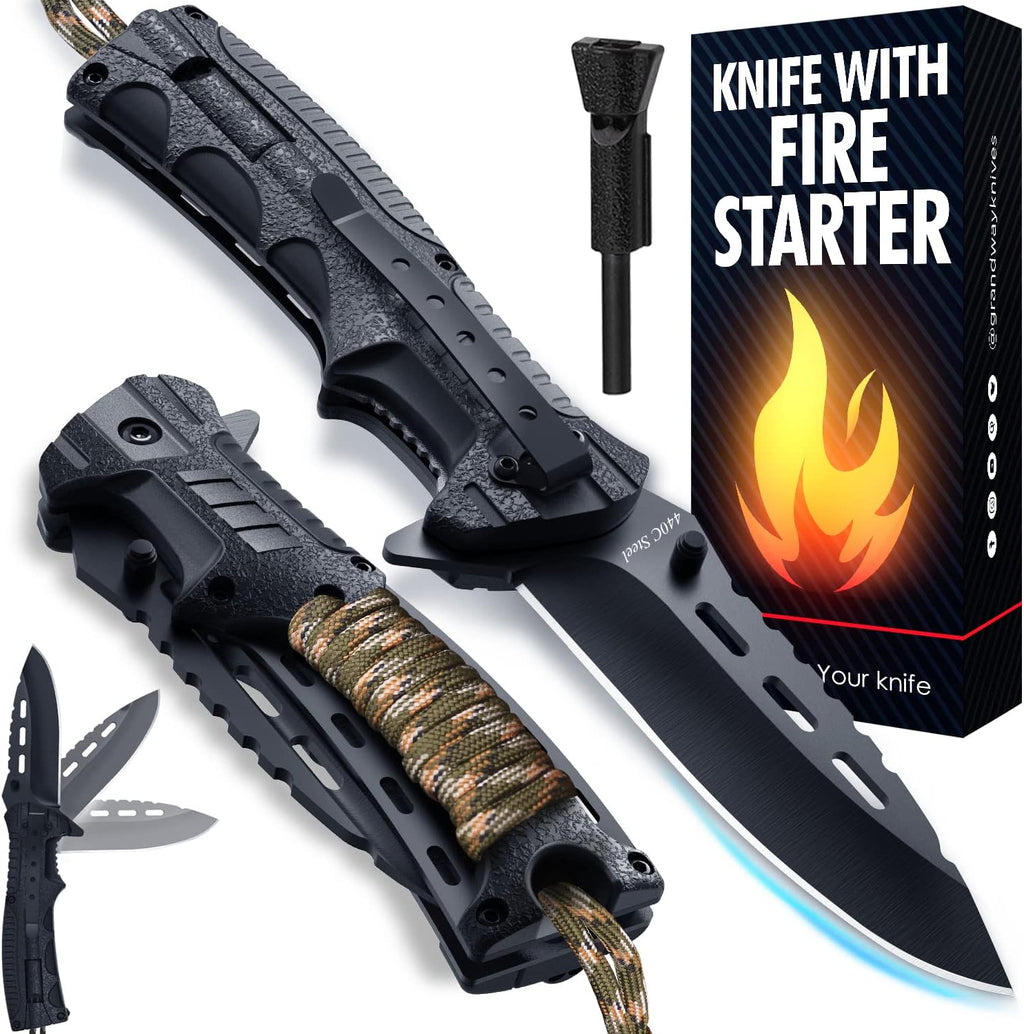 Pocket Knife with 3.74" Sharp Blade, Fire Starter, Whistle & Paracord Handle, Liner Lock - Multifunctional Folding