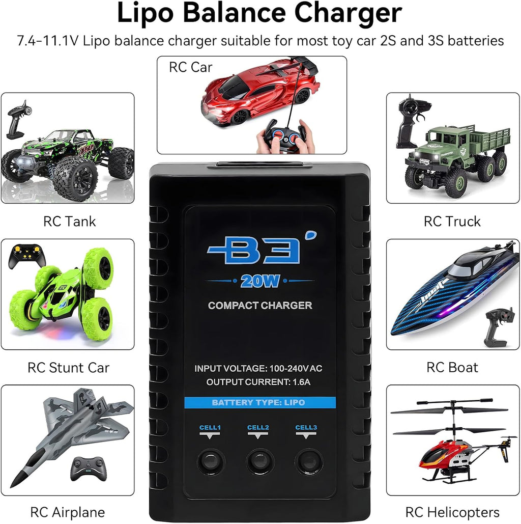 B3 Lipo Battery Charger - 2S 3S RC Balance Chargers AC 7.4-11.1V 20W 1.6A with XH3P XH4P Plug for RC Car Batteries