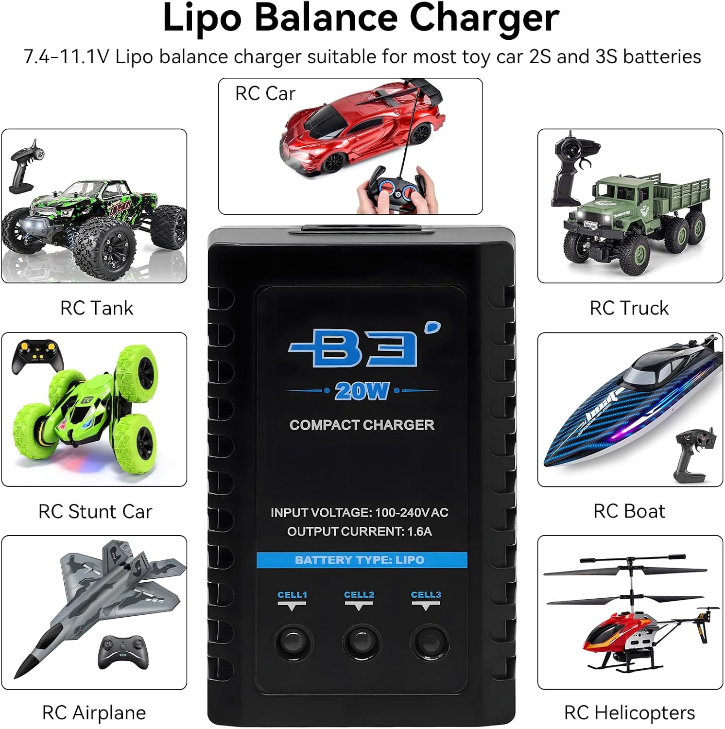 B3 Lipo Battery Charger - 2S 3S RC Balance Chargers AC 7.4-11.1V 20W 1.6A with XH3P XH4P Plug for RC Car Batteries