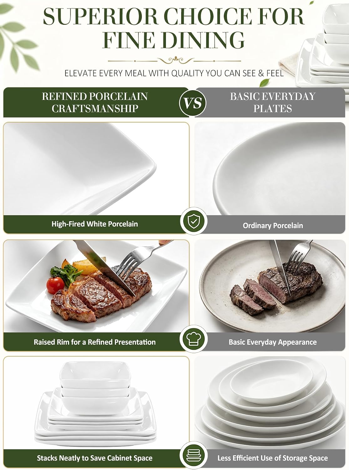 Porcelain Square Dinner Plates, 10.75 & 8.4 Inch White Plate Set of 8
