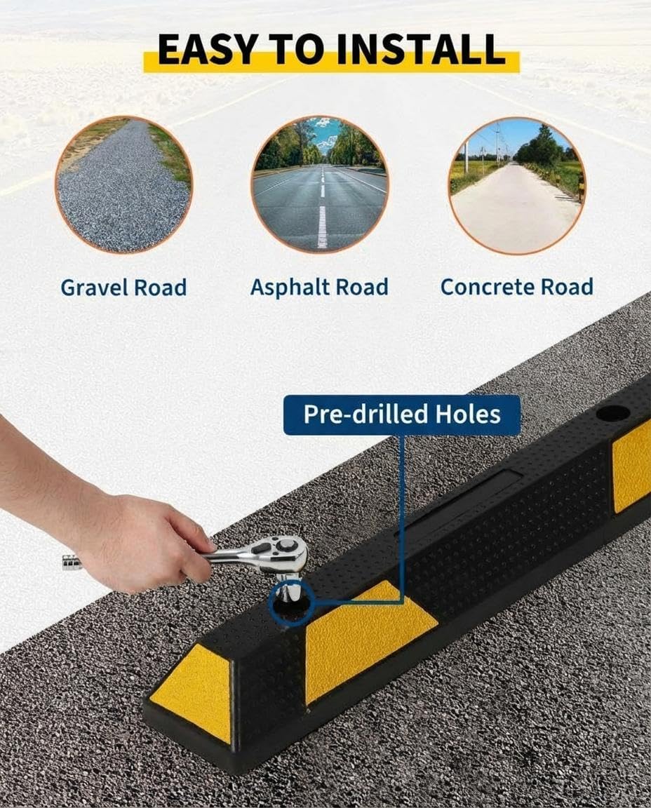 2 Pack 72" Rubber Parking Curb, Heavy Duty Parking Stopper | Durable Wheel Stoppers with Reflective Stripes Parking