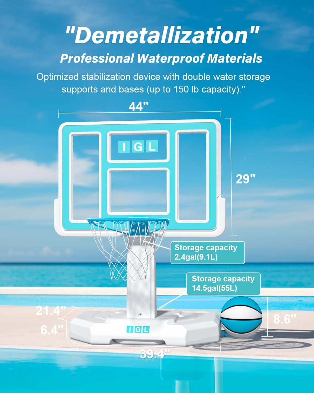 Pool Basketball Hoop Outdoor, Outdoor Poolside Basketball Hoop, Base & Stand Double Water Storage with 2 Ball &