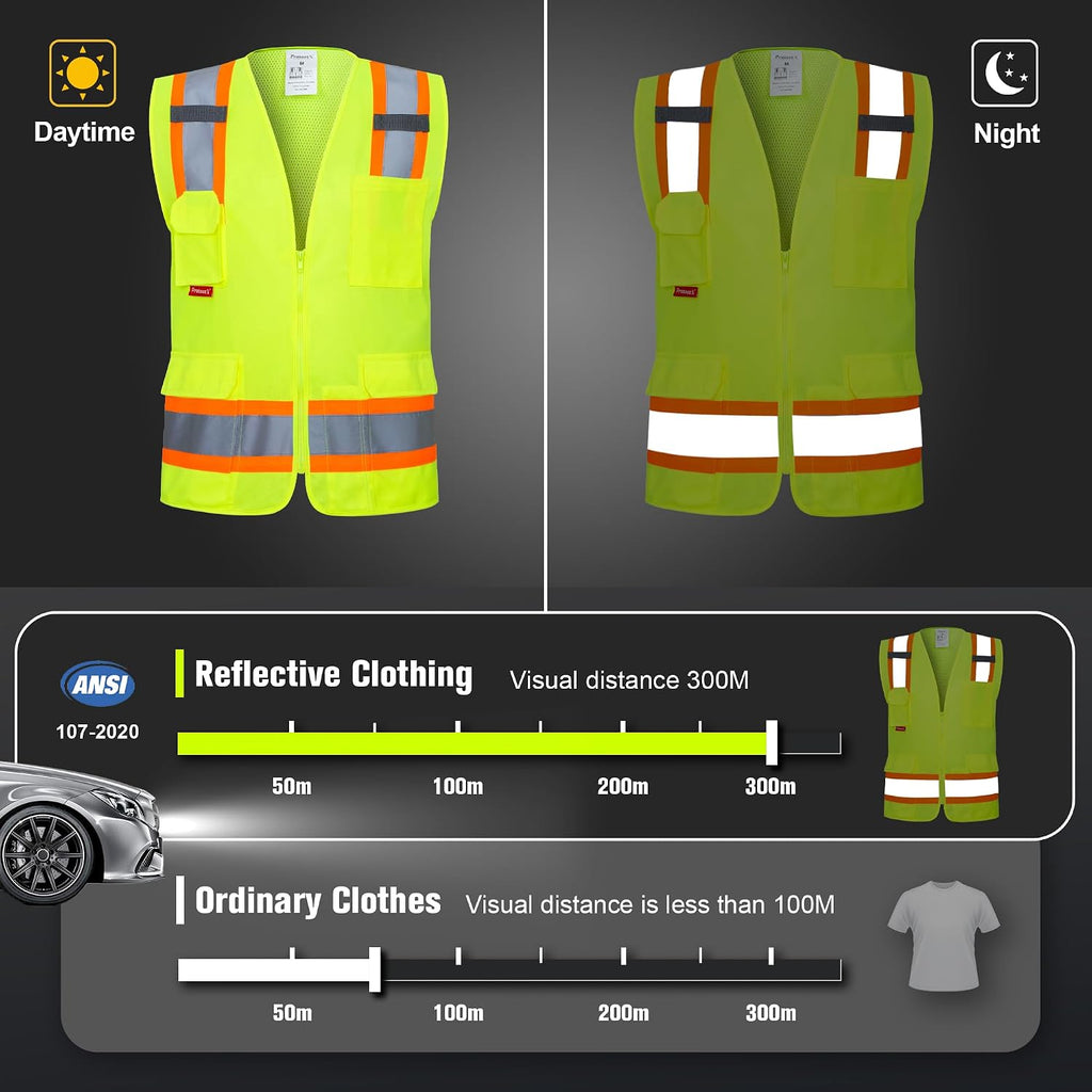 High Visibility ANSI Class 2 Safety Vest with 7 Pockets | Reflective Mesh Safety Vest for Men & Women, Lightweight