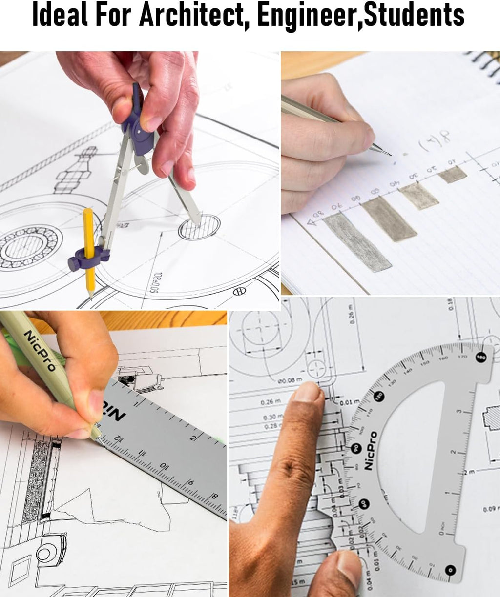 20PCS Professional Geometry Set Drafting Tool Protractor Compass | With Case, Metal Rulers, Triangles, Pens, Pencils