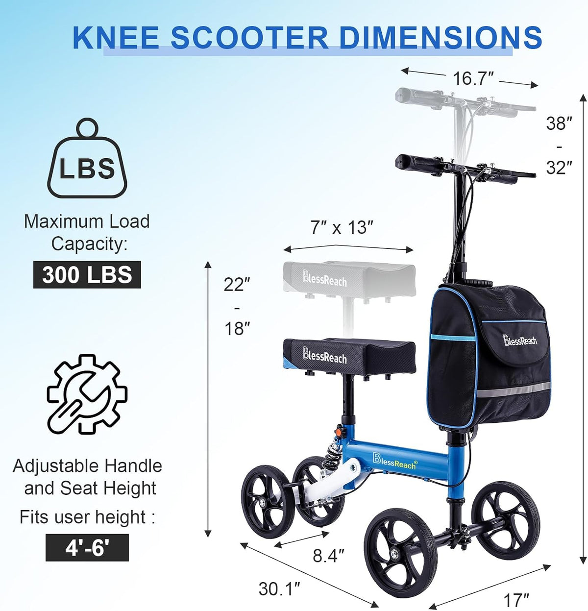 Knee Scooter for Adults for Foot Injuries, 8'' Rubber Wheels
