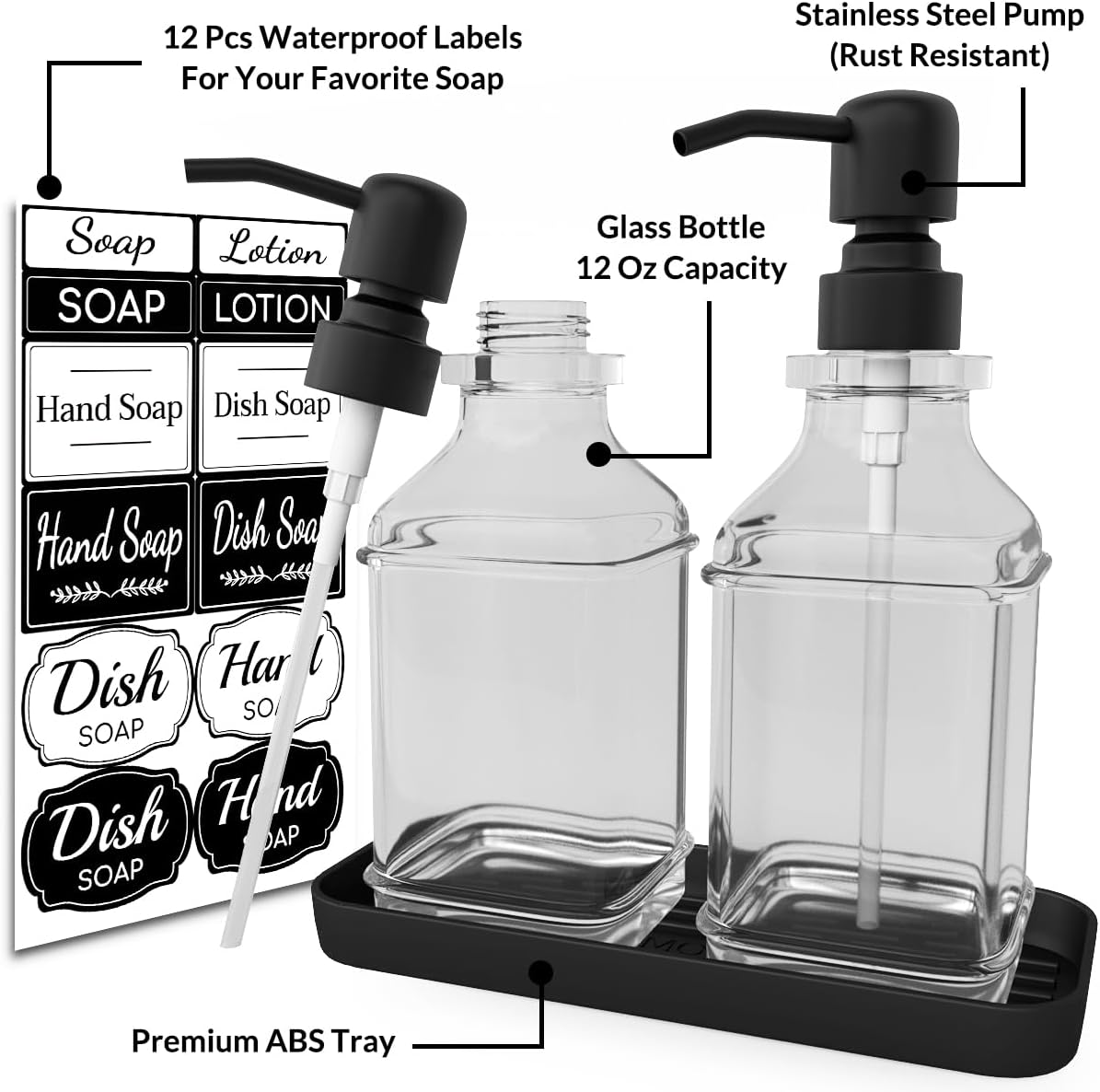 Soap Dispenser - 2 Pack, Antique Design Thick Glass Hand Soap Dispensers with Sturdy Tray; 304 Rust Proof Stainless