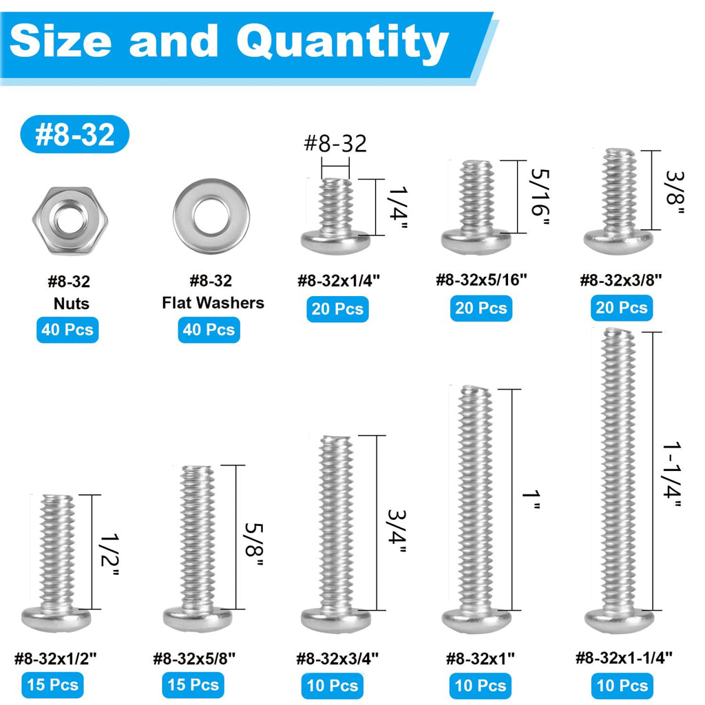 200pcs #8-32 Phillips Pan Head Machine Screws Nuts Washers Kit