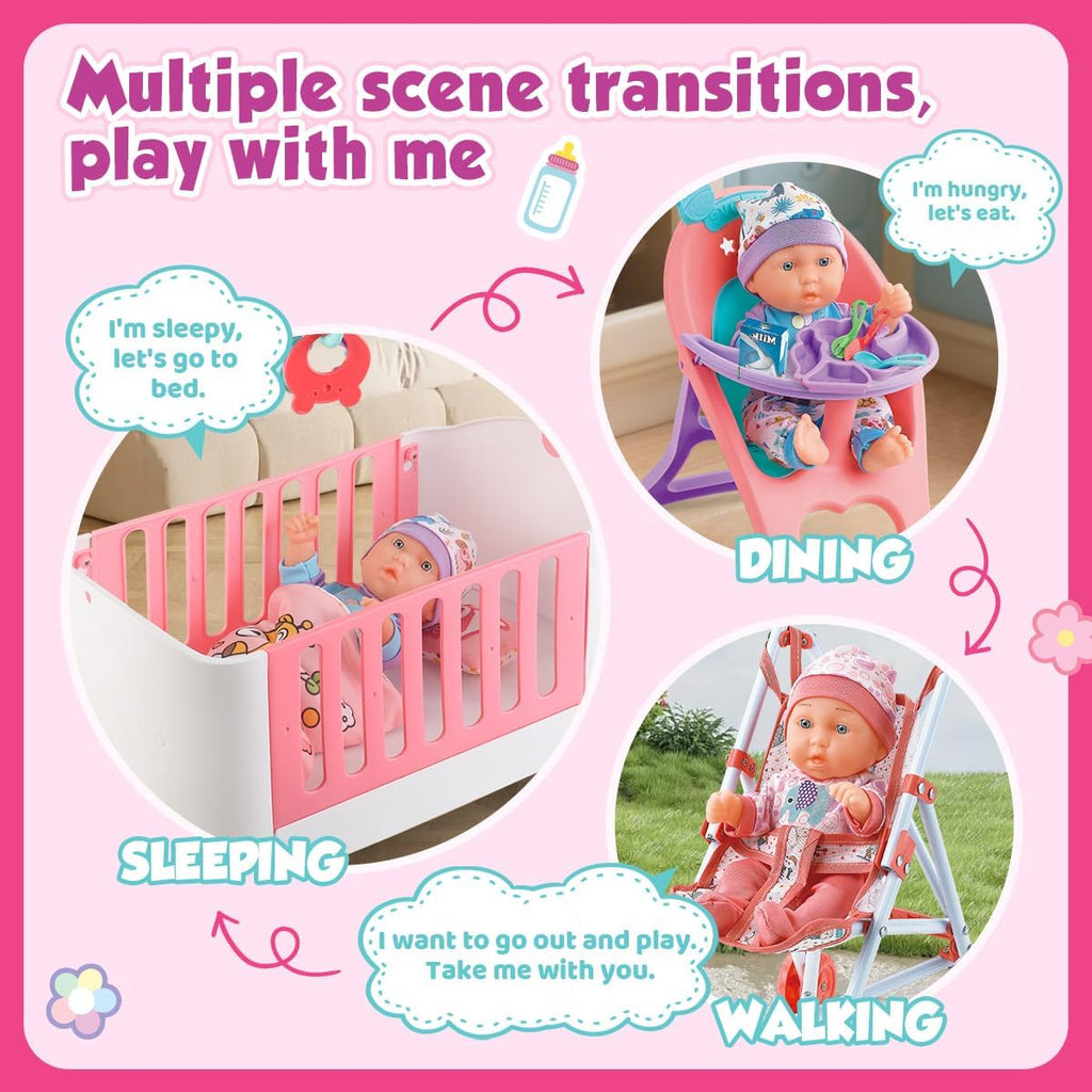 Baby Doll Crib and Stroller Accessories Play Set with 11" Baby Doll,Dining Chair,24 PCS Dolls Accessories and 2 Sets