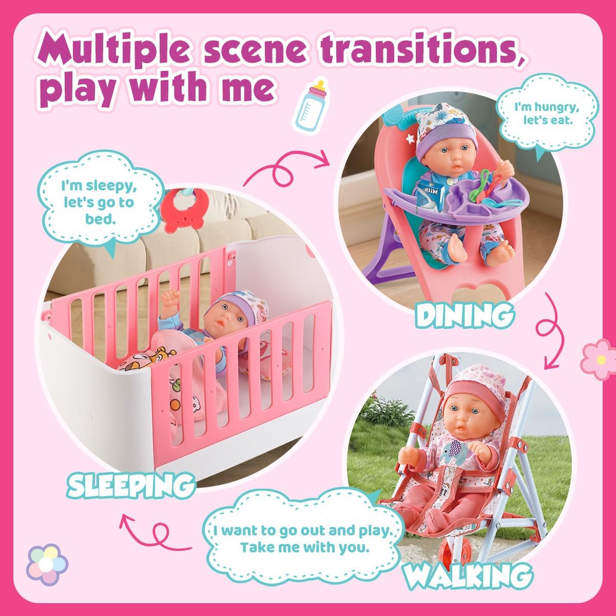 Baby Doll Crib and Stroller Accessories Play Set with 11" Baby Doll,Dining Chair,24 PCS Dolls Accessories and 2 Sets